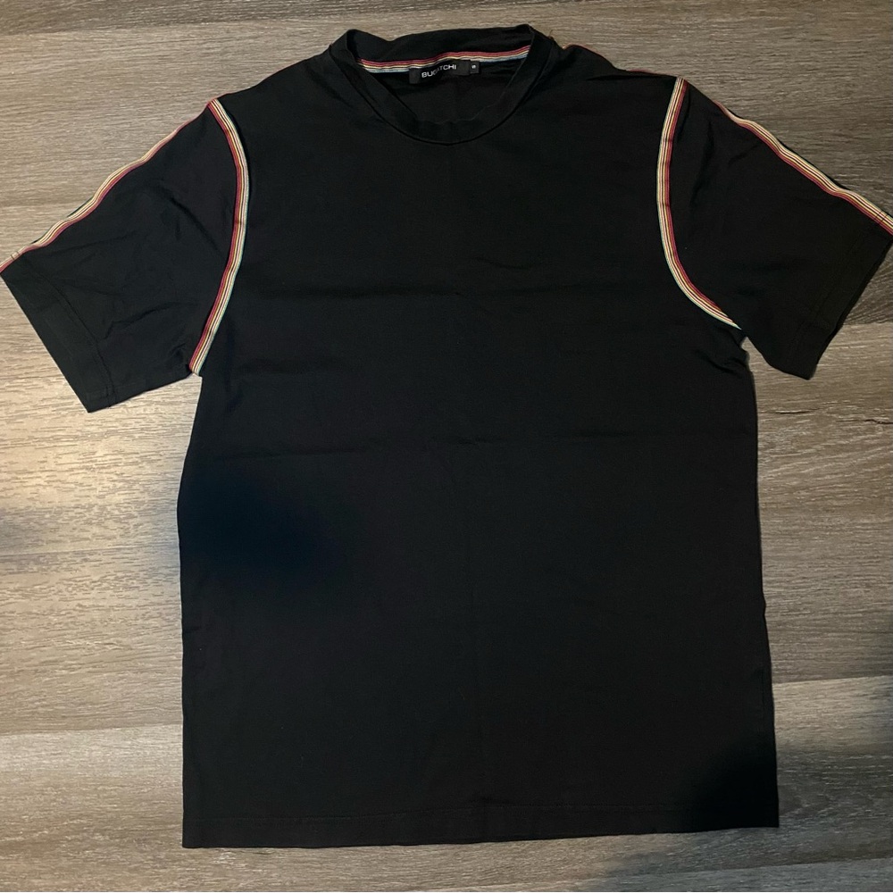 Black Bugatchi short sleeve shirt with rainbow trim